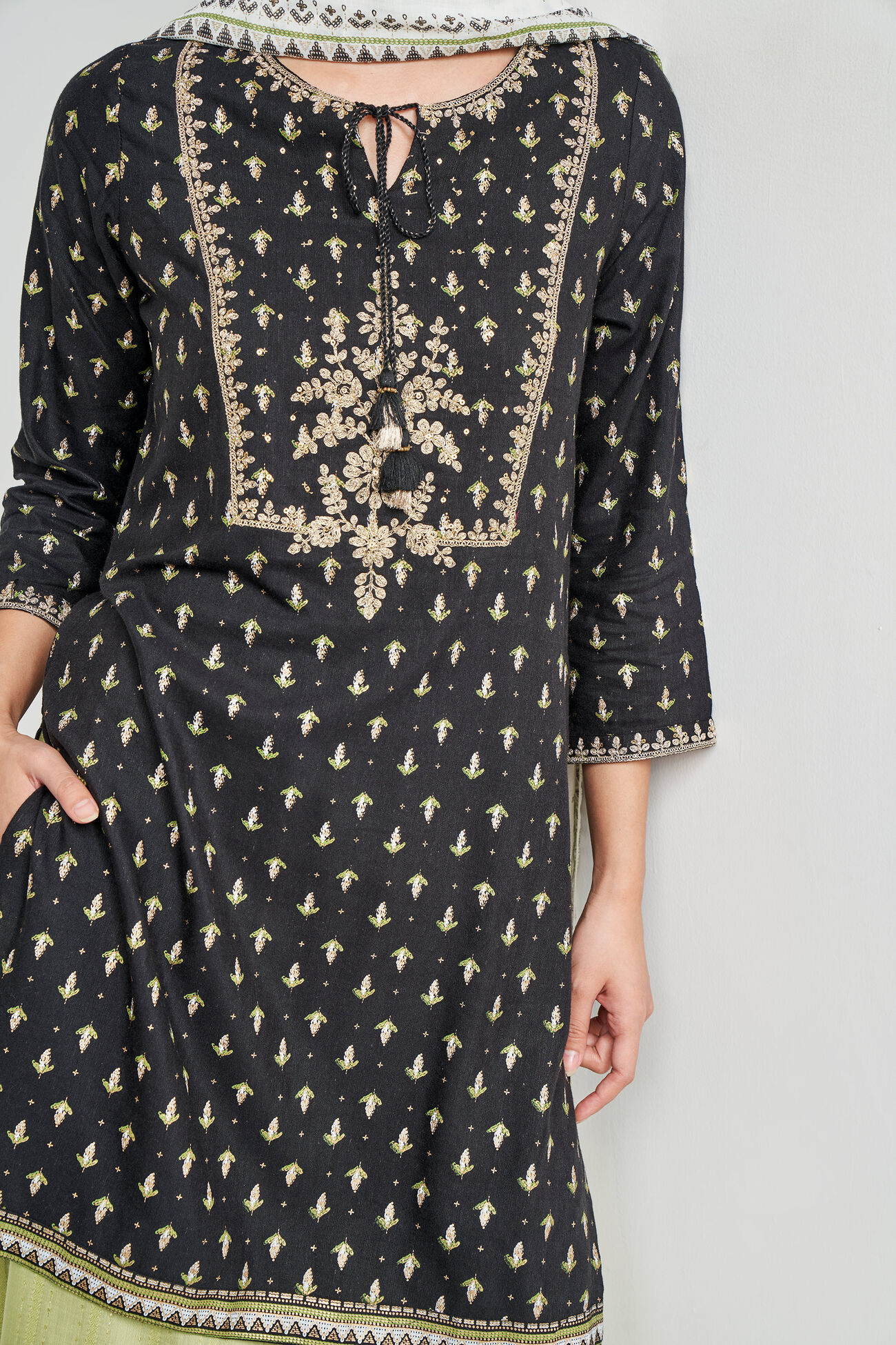 Black Ethnic Motifs Flared Suit, Black, image 5